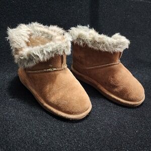 Bearpaw Toddler Hickory Brown Suede Faux Fur Trim Ankle Boots Size 12 US
